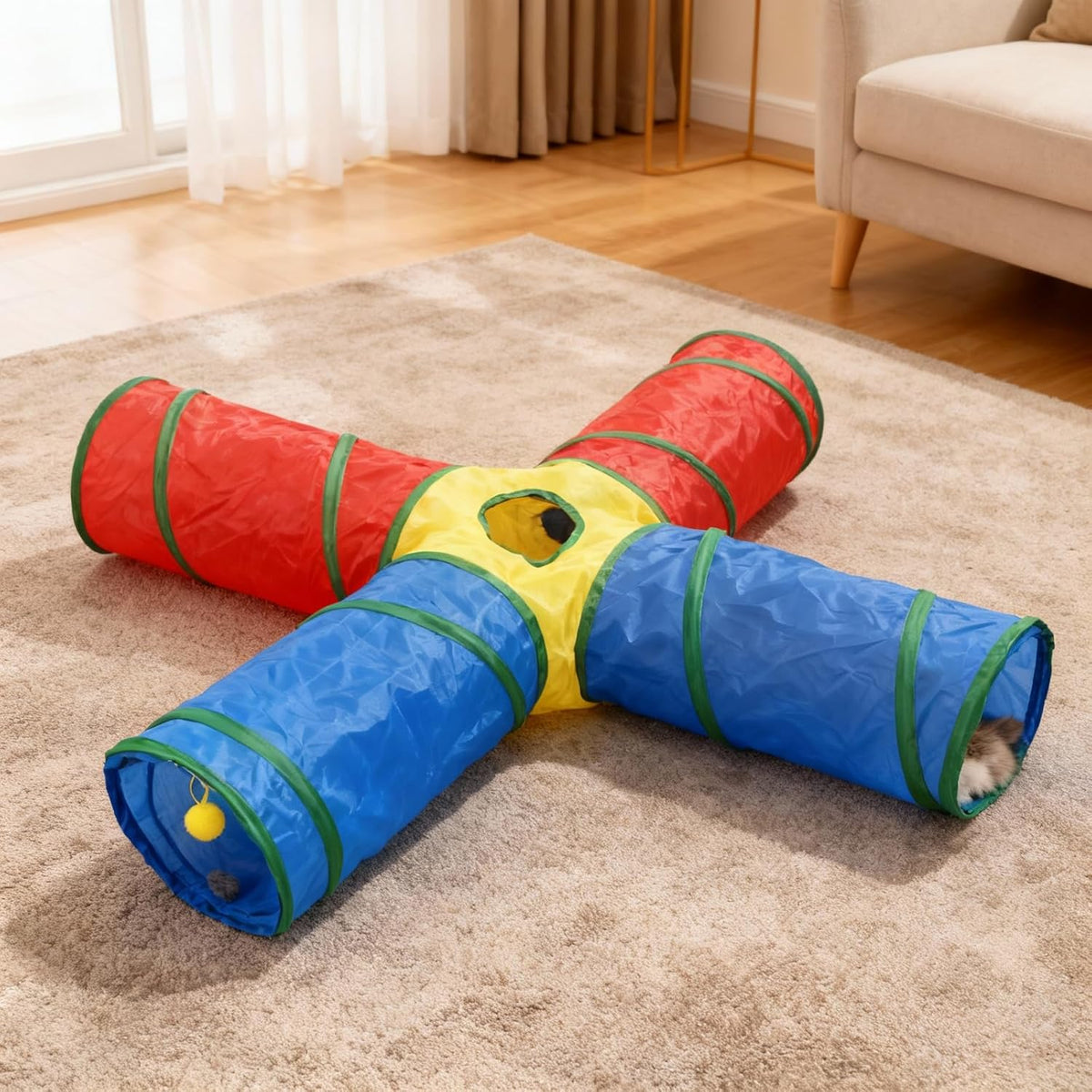 Cat Toys, 4-Way Tunnel for Indoor Cats with Peek Hole & 2 Mice - image 2