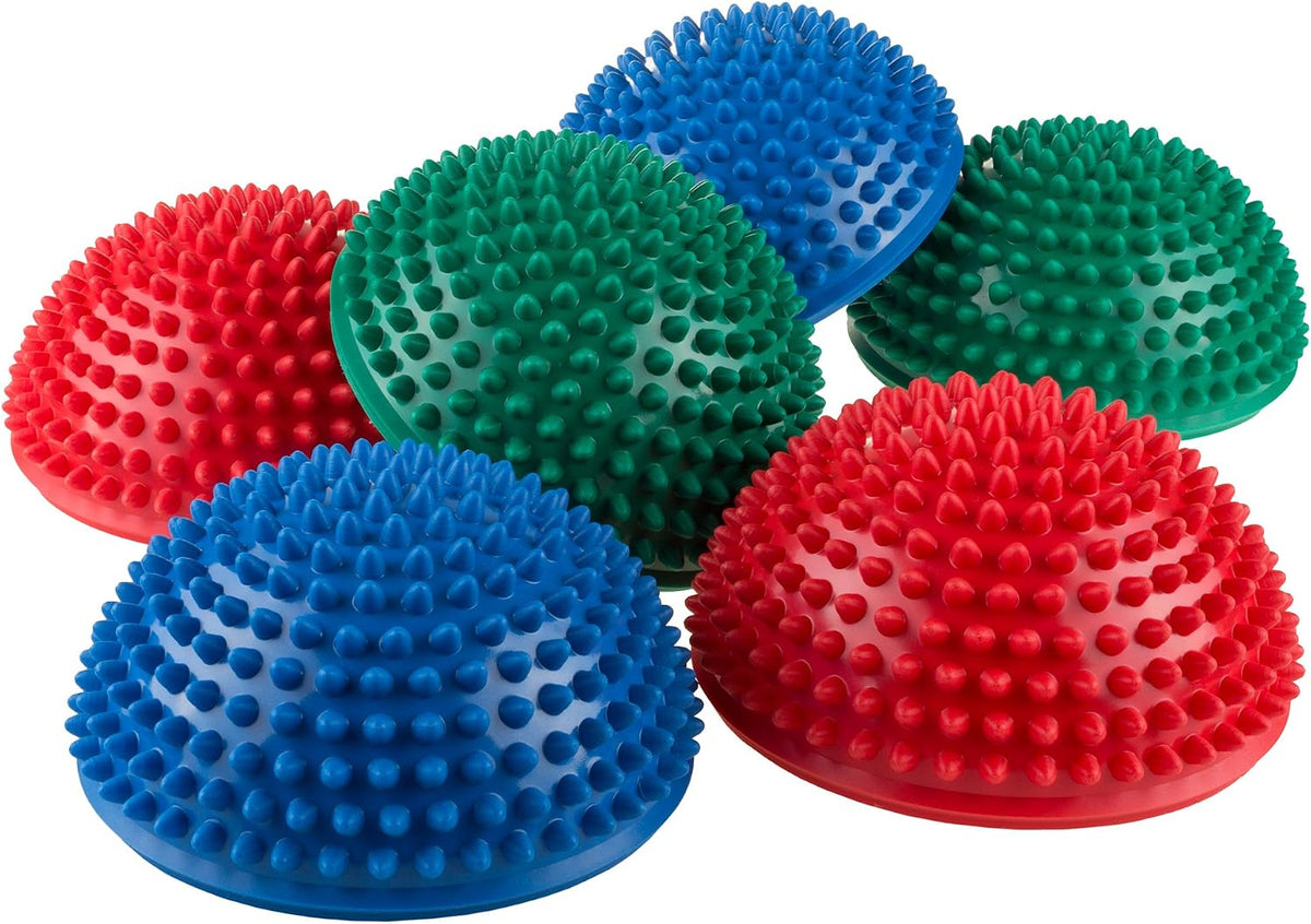 Hey Play balance pods for kids, set of 6 blue green and red half domes