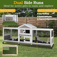 Double Rabbit Hutch Outdoor Indoor Large Bunny Cage with Dual Side Runs, 2-Story Wooden Hutch with 4 Leak Proof Trays, 8 Wheels, Waterproof Roof, Ramp, for Small to Medium Animals