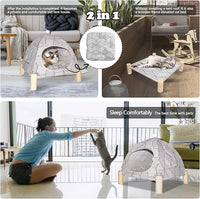 2-in-1 Elevated Cat Tent Cat House, Quick Assembly and Disassembly, Portable Indoor/Outdoor Cute Cat Bed Cave-White Diamond Pattern