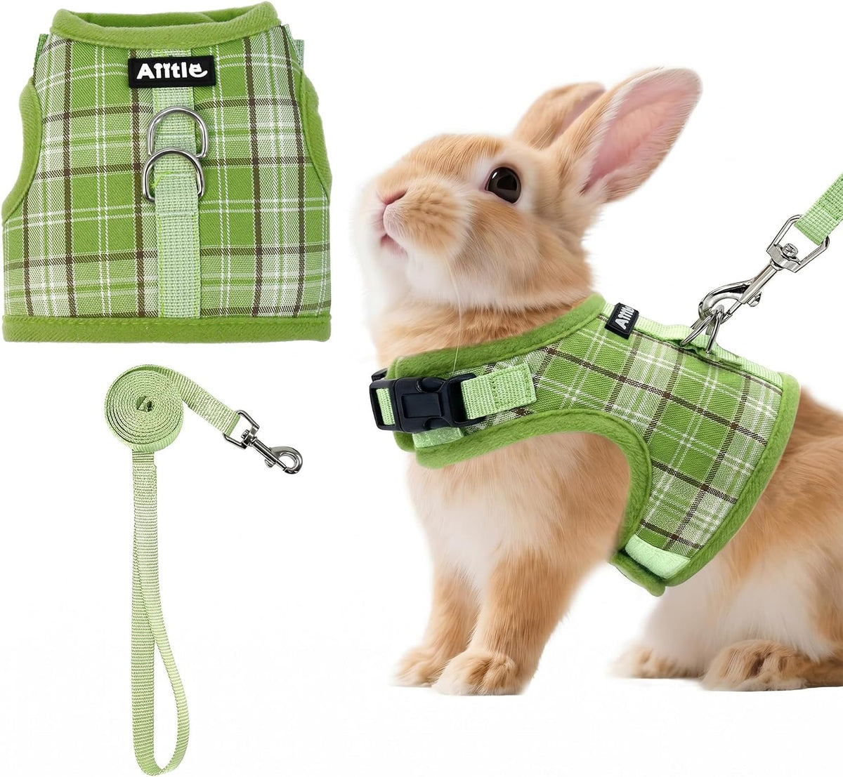 Plaid Breathable Rabbit Harness and Leash Set Escape Proof - Green / S