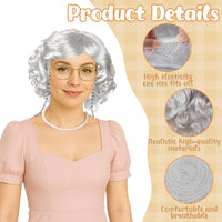 Huskein Old Lady Costume, Old Lady Cosplay Silver Bun Wig Glasses Wig Cap Pearl Necklace Bracelet - Silver-lady - image 3