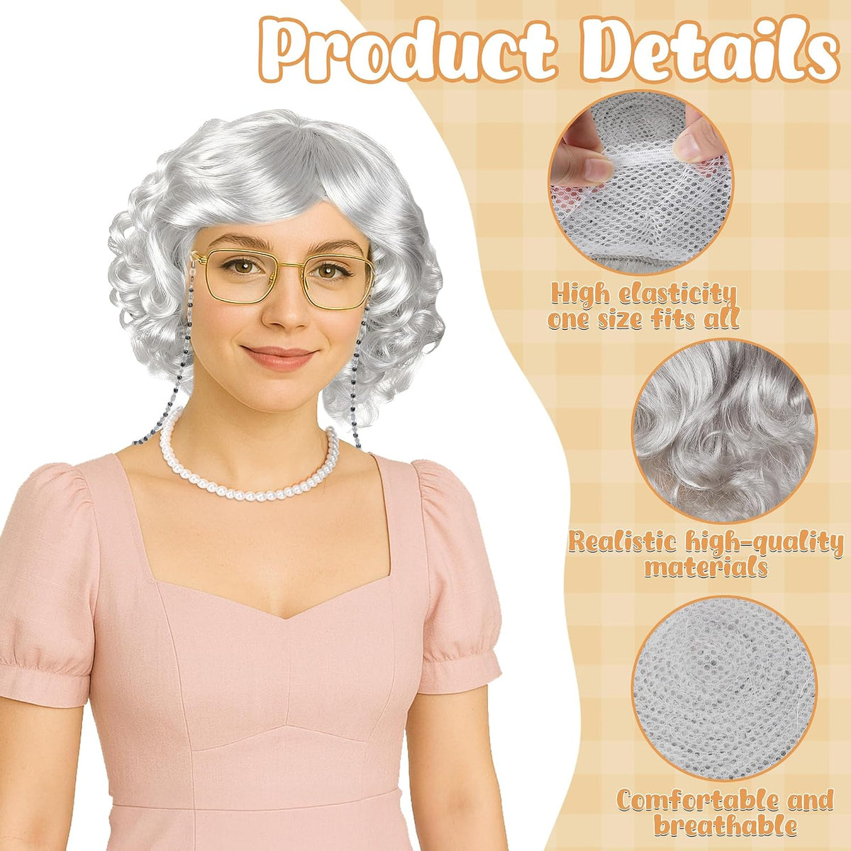 Huskein Old Lady Costume, Old Lady Cosplay Silver Bun Wig Glasses Wig Cap Pearl Necklace Bracelet - Silver-lady - image 3