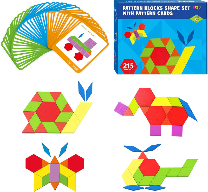 SpriteGru 300 PCS Wooden Pattern Blocks Set for kids 24 - 215 Pcs Blocks Set