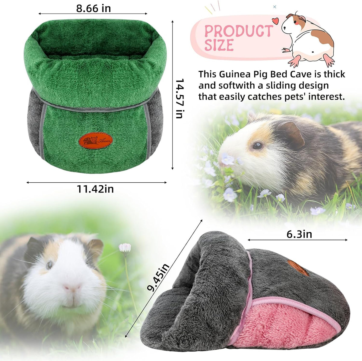 YUEPET Guinea Pig Bed Cuddle Cave, Warm Fleece Hideout - 2PCS(Grey+Green) / 2PCS - image 3