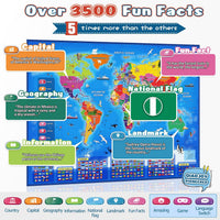 Qiaojoy Bilingual Interactive World Map for Kids Learning Educational - World Map & Dinosaur Poster - image 2