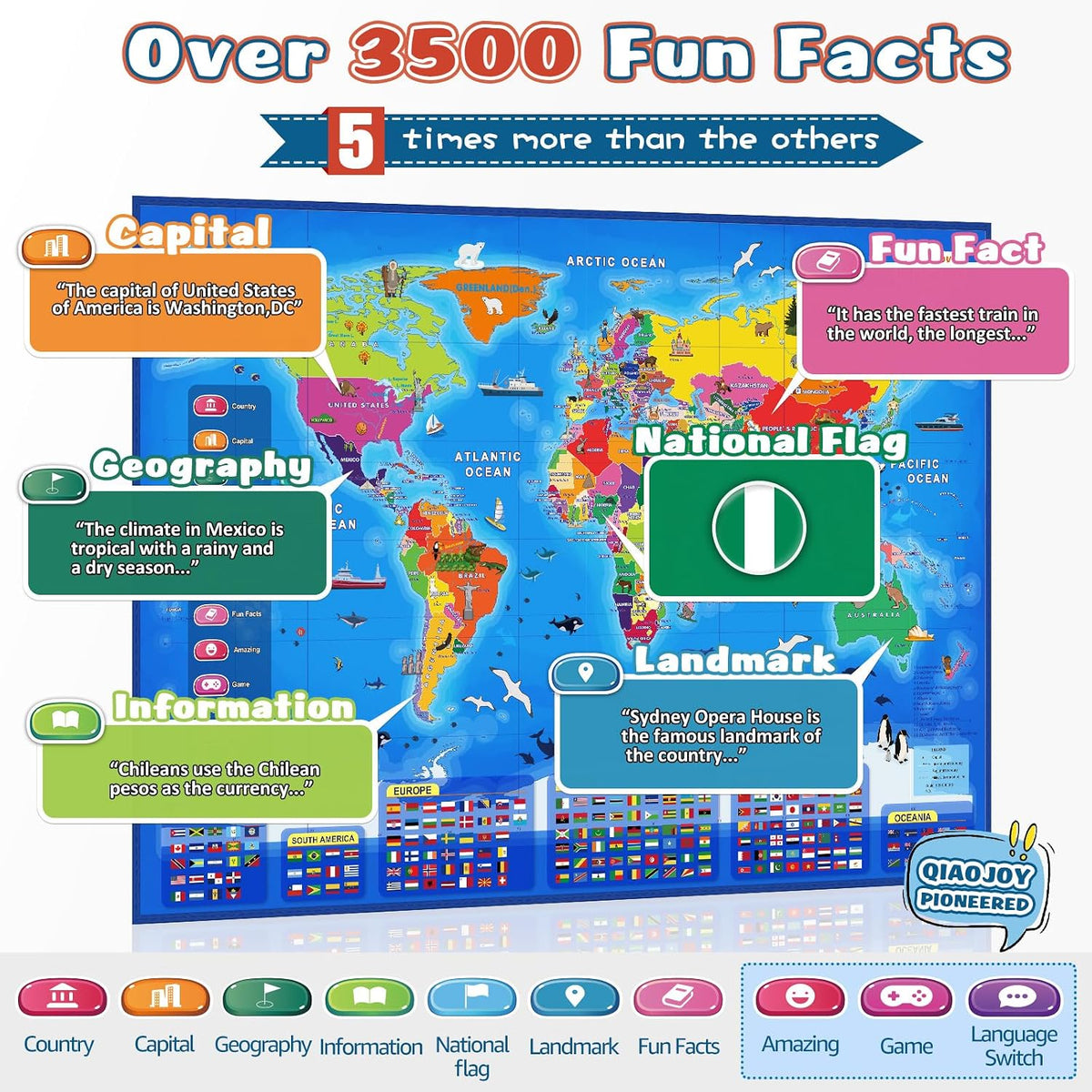 Qiaojoy Bilingual Interactive World Map for Kids Learning Educational - World Map & Dinosaur Poster - image 2