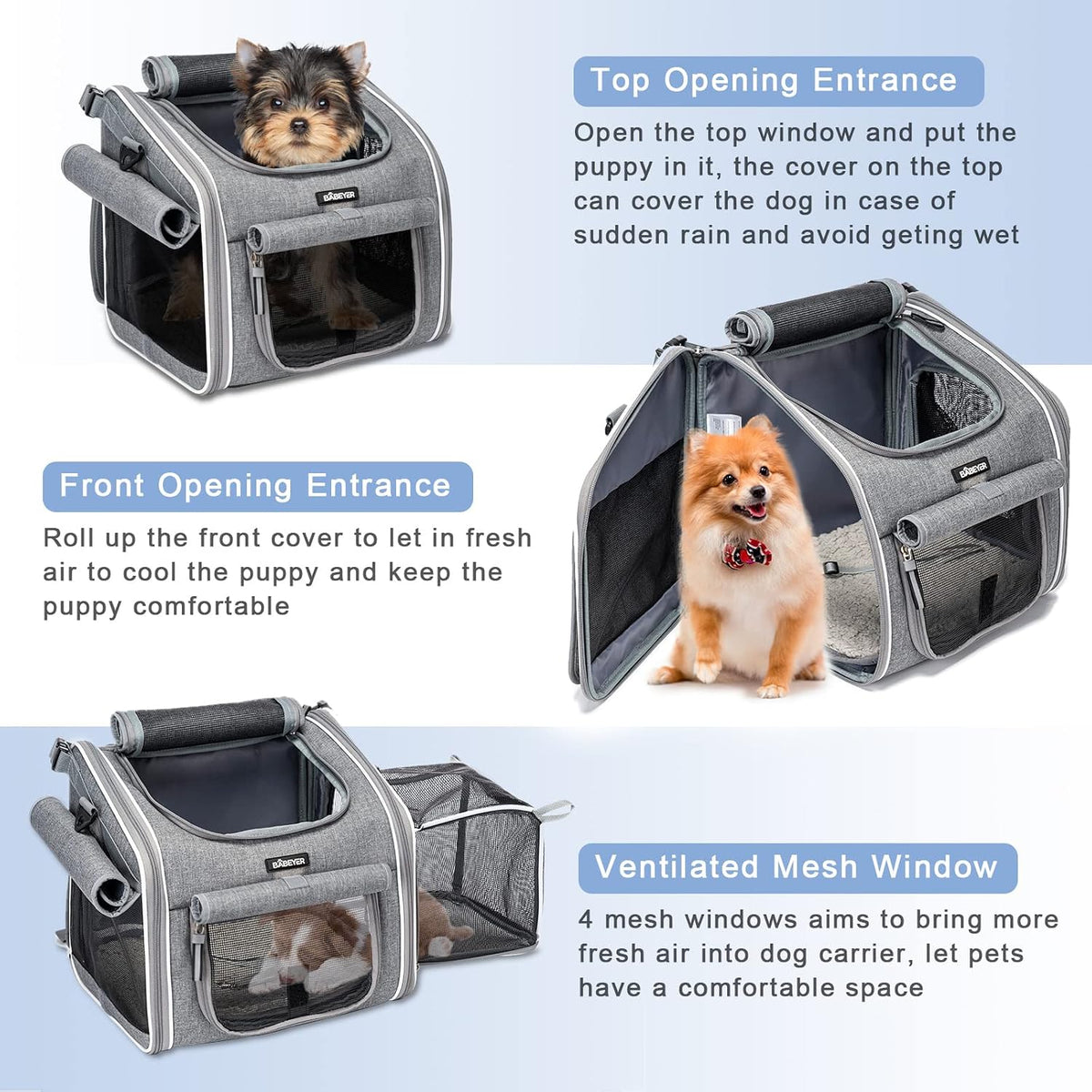 Dog Bike Basket, Expandable Soft-Sided Pet Carrier Backpack with 4 Open Doors, 4 Mesh Windows - Grey-Fits 6-15 Lbs - image 4