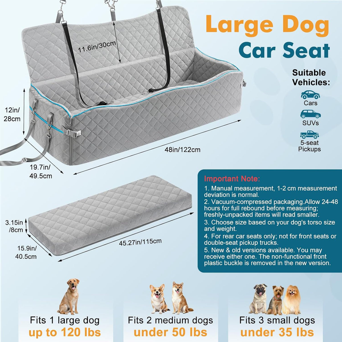 Dog Car Seat for Medium Dogs Up to 60 lb, Thick Cushion - Grey / XXL - image 2