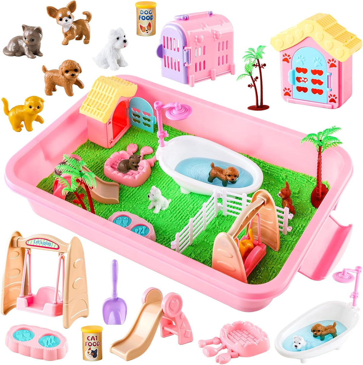 Aprilwolf 21-piece pet sensory bin with sand, dog and cat figures and lidded box