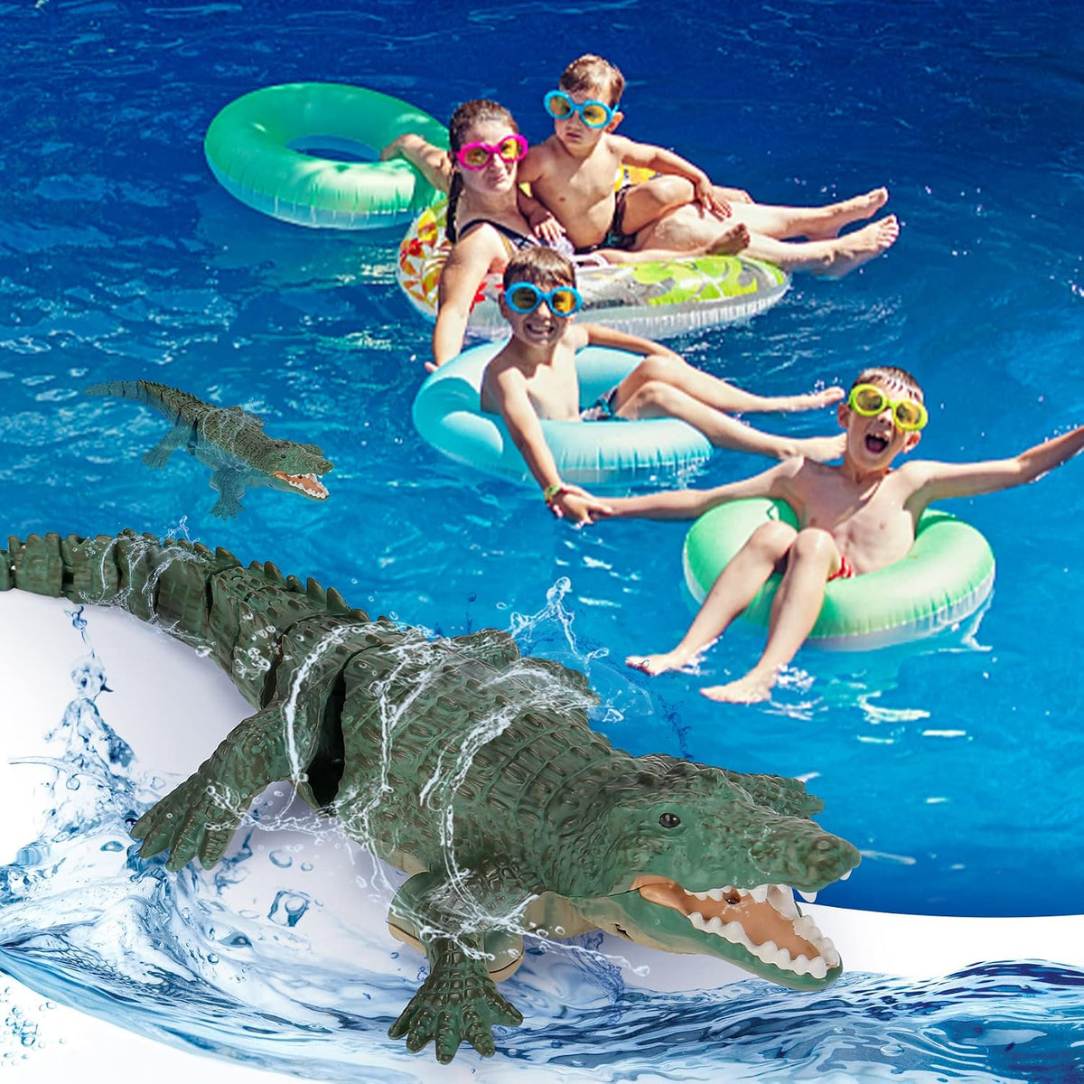 GearRoot remote control crocodile boat toy with glowing eyes swimming in a pool - view 4