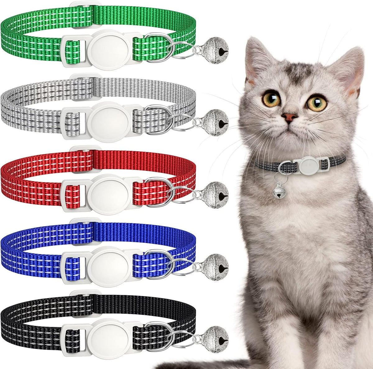 5 Pack Reflective-Breakaway Cat Collars with Bells - 5 Classic Colors