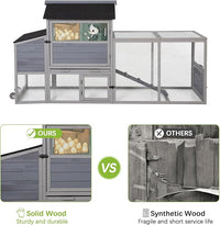 COZIWOW 82" Large Wooden Chicken Coop, Outdoor Rabbit Hutch with Wheels, Sunshine Board, Asphalt Roof, Ramp, Openable Top, Door, Window, Pull-Out Tray, Indoor Bunny Cage (Gray with Pattern)