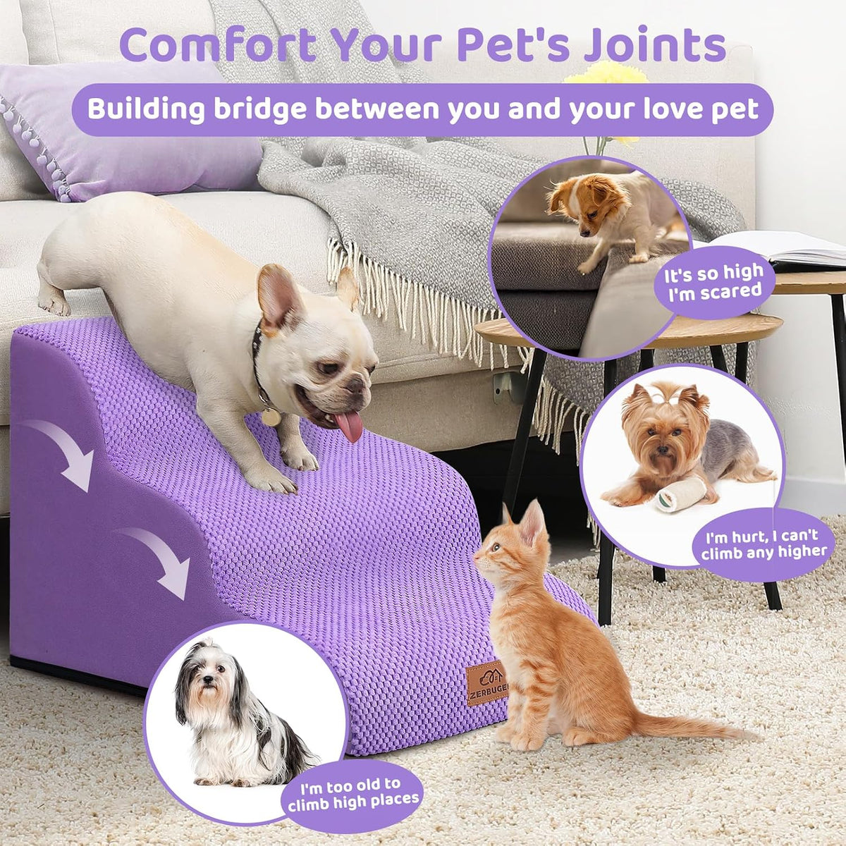 Zerbuger Dog Ramp and Stairs for Bed, Coffee 3 Steps 16" H - Purple / 3 - image 4