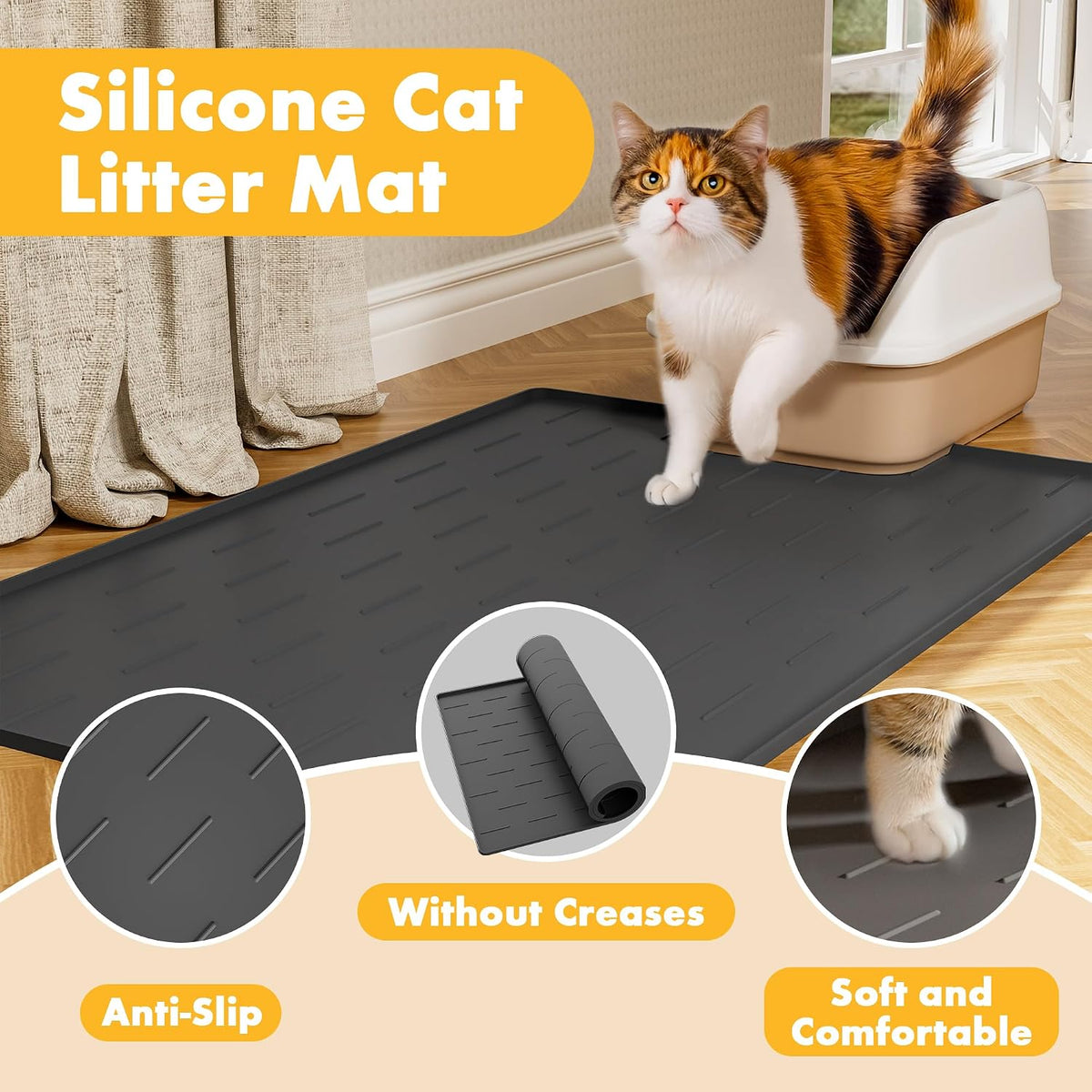 Pieviev Silicone Cat Litter Mat, Traps Litter & Easy to Clean - L-34''x22'' / Dark Gray - image 4