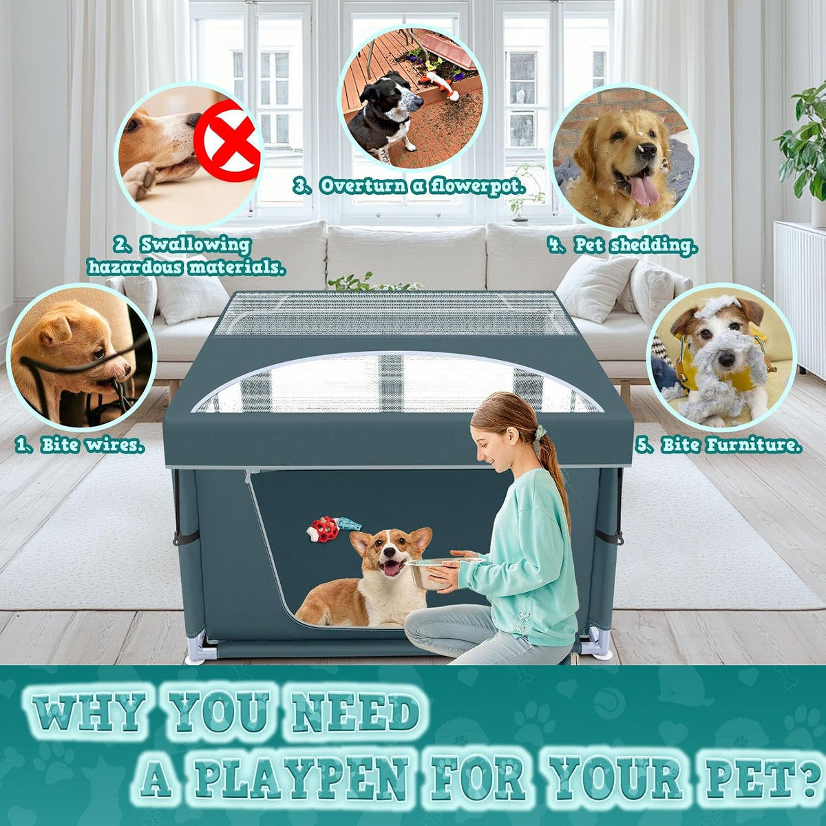 42x42 Inches Puppy Playpen with Gate - Bluish Green / 42x42 IN With Cover - image 2