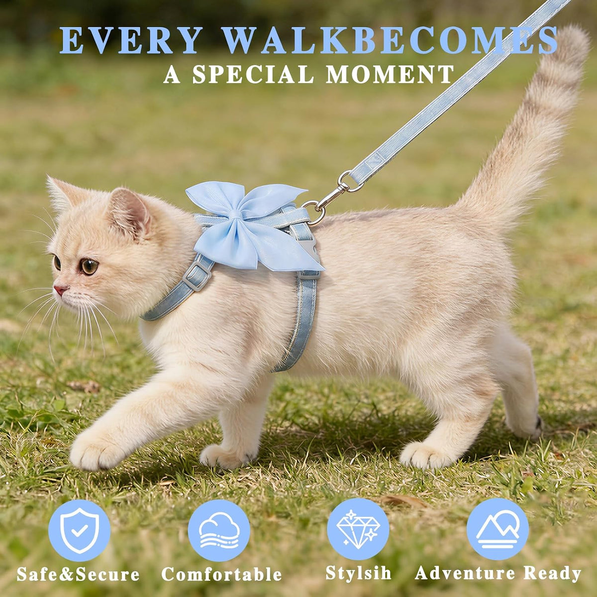 Tensho Pink Bow Cat Harness and Leash Set, Escape Proof - Blue Bow / M - image 2