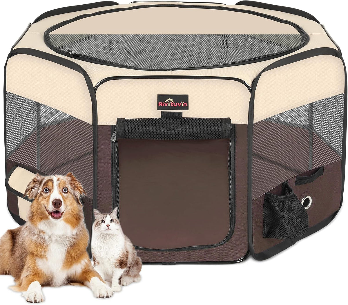 Aivituvin Dog Playpen, Foldable Pet Play Pens with Carrying Bag for Cat, Puppies, Rabbits, Portable - XL / Brown