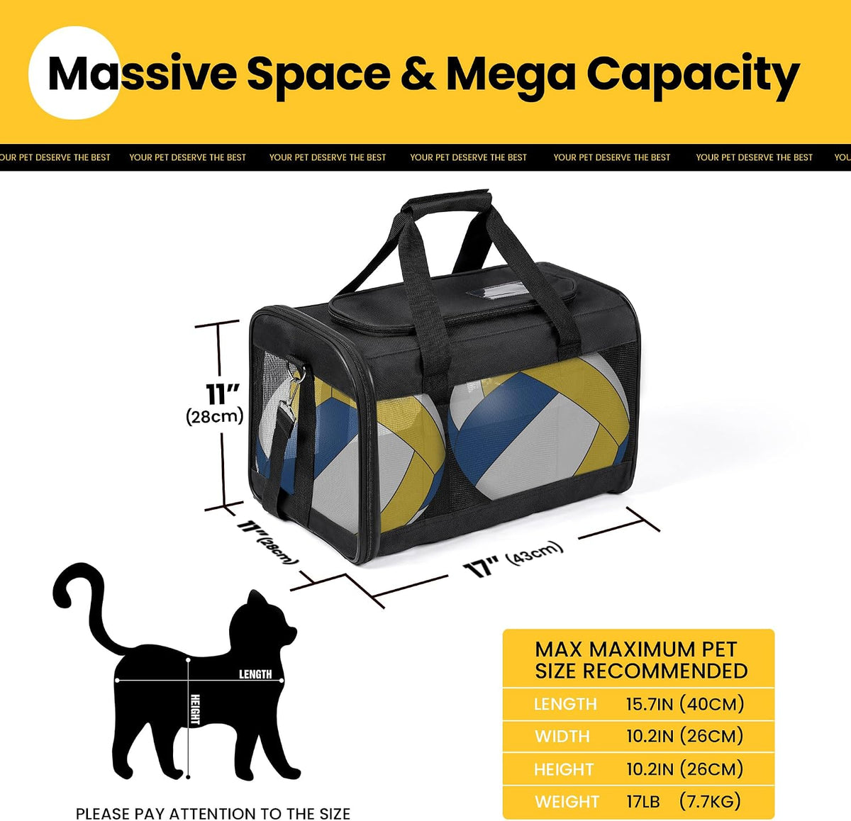 Conlun Cat Carrier Soft-Sided Pets Travel Carriers up to 15 Lbs - Black / 17.0"L x 11.0"W x 11.0"H - image 2