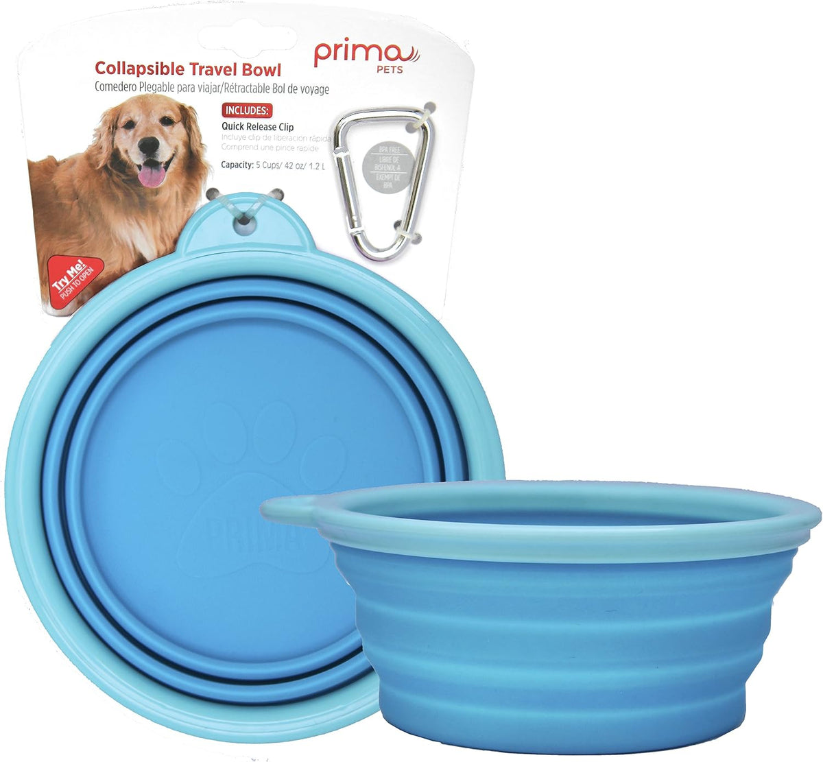 Prima Pet Expandable/ Collapsible Silicone Food & Water Travel Bowl - Aqua / LARGE (5 CUPS)