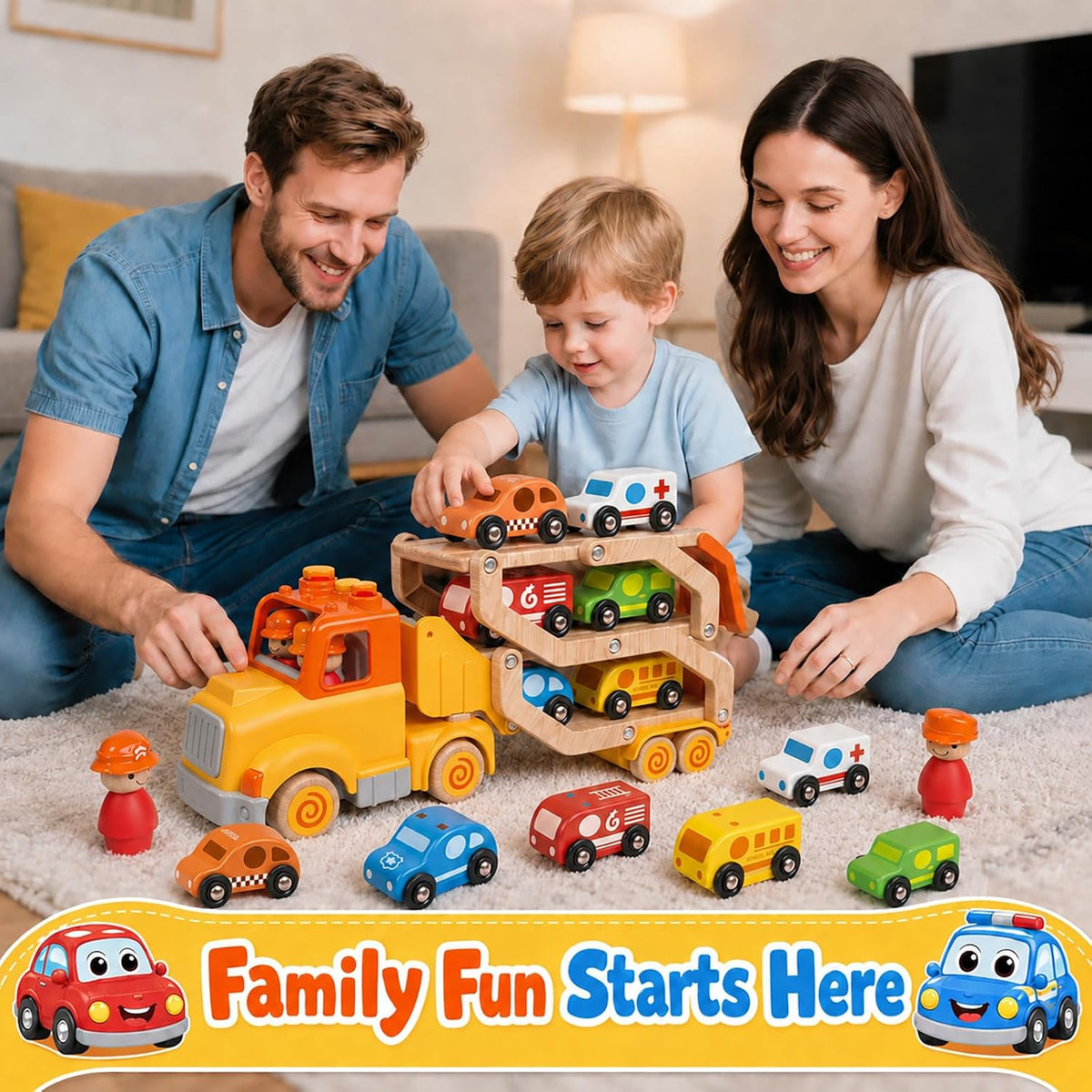 Wanborns car carrier truck toy in yellow with 6 wooden cars and fold-out 30in slide - view 8