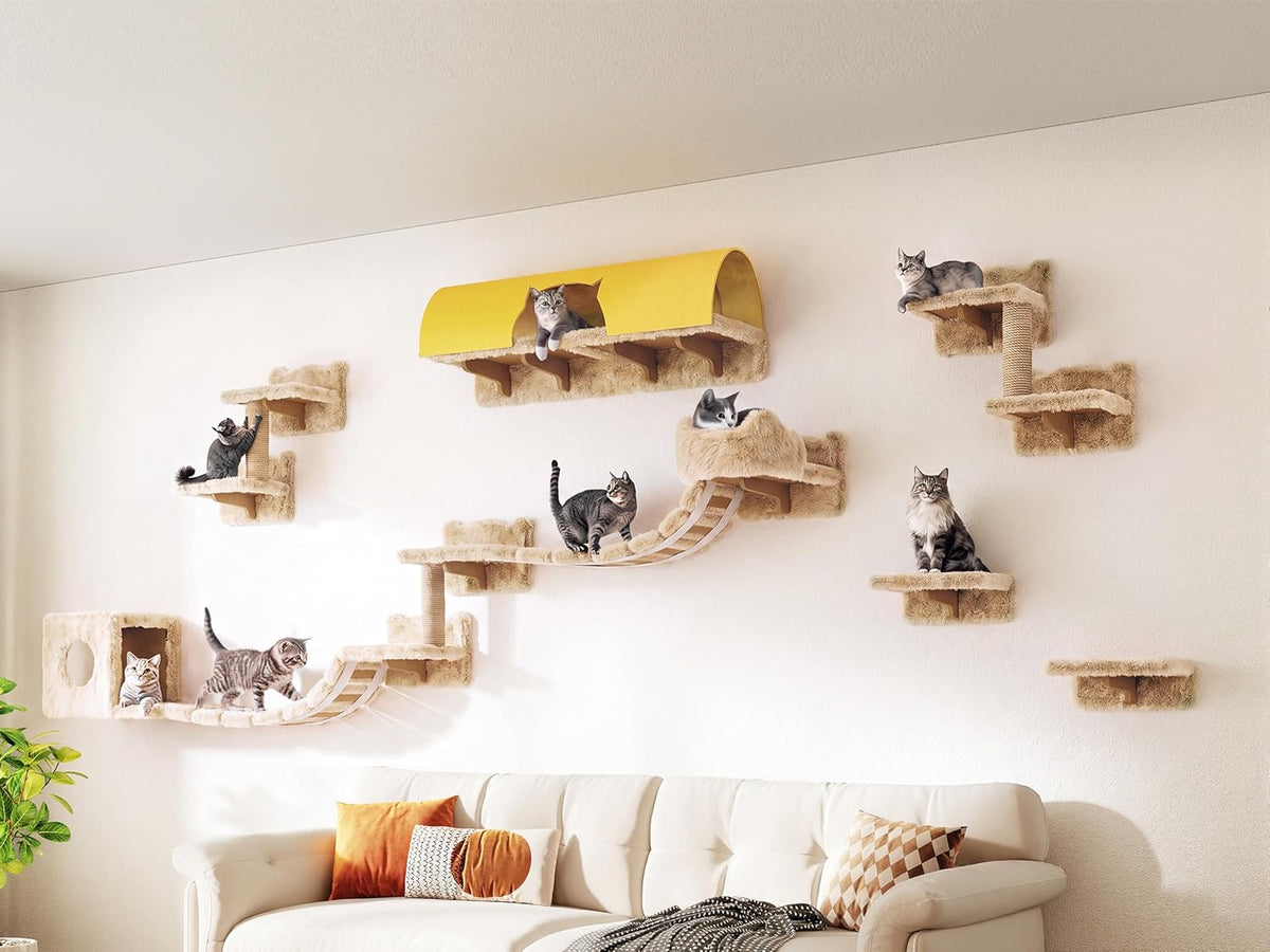 Cat Wall Shelves, 9-in-1 Wood Cat Wall Furniture Set, Burlywood – Essentials for Cats - Beige / 16 Piece Set