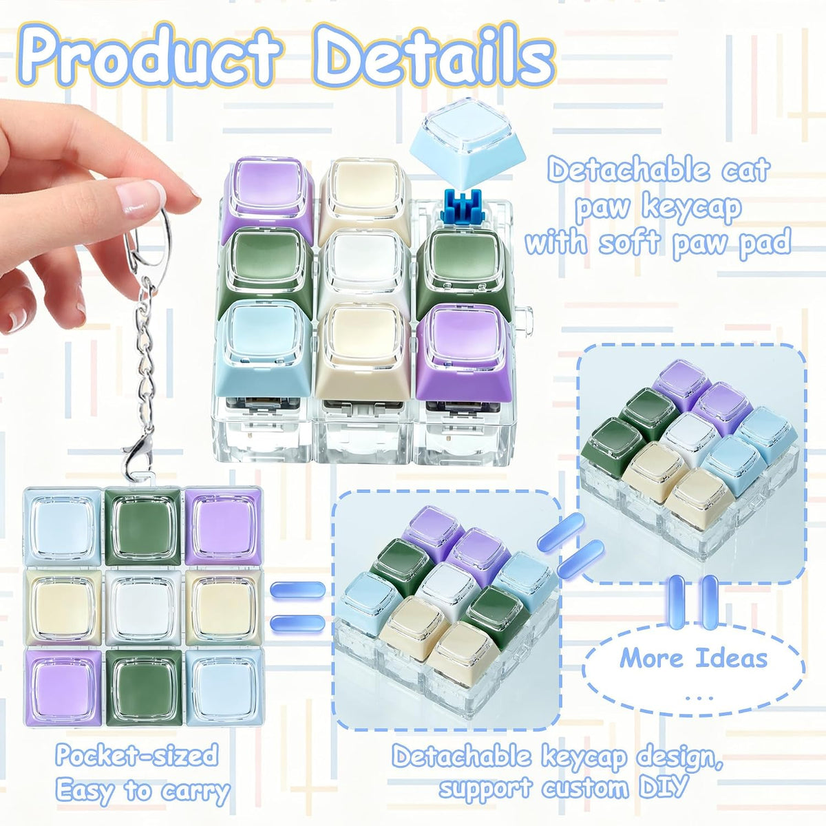 XiawaLangzhuo cat paw keyboard fidget toy, 9-in-1 clicker keychain in white and purple - view 22