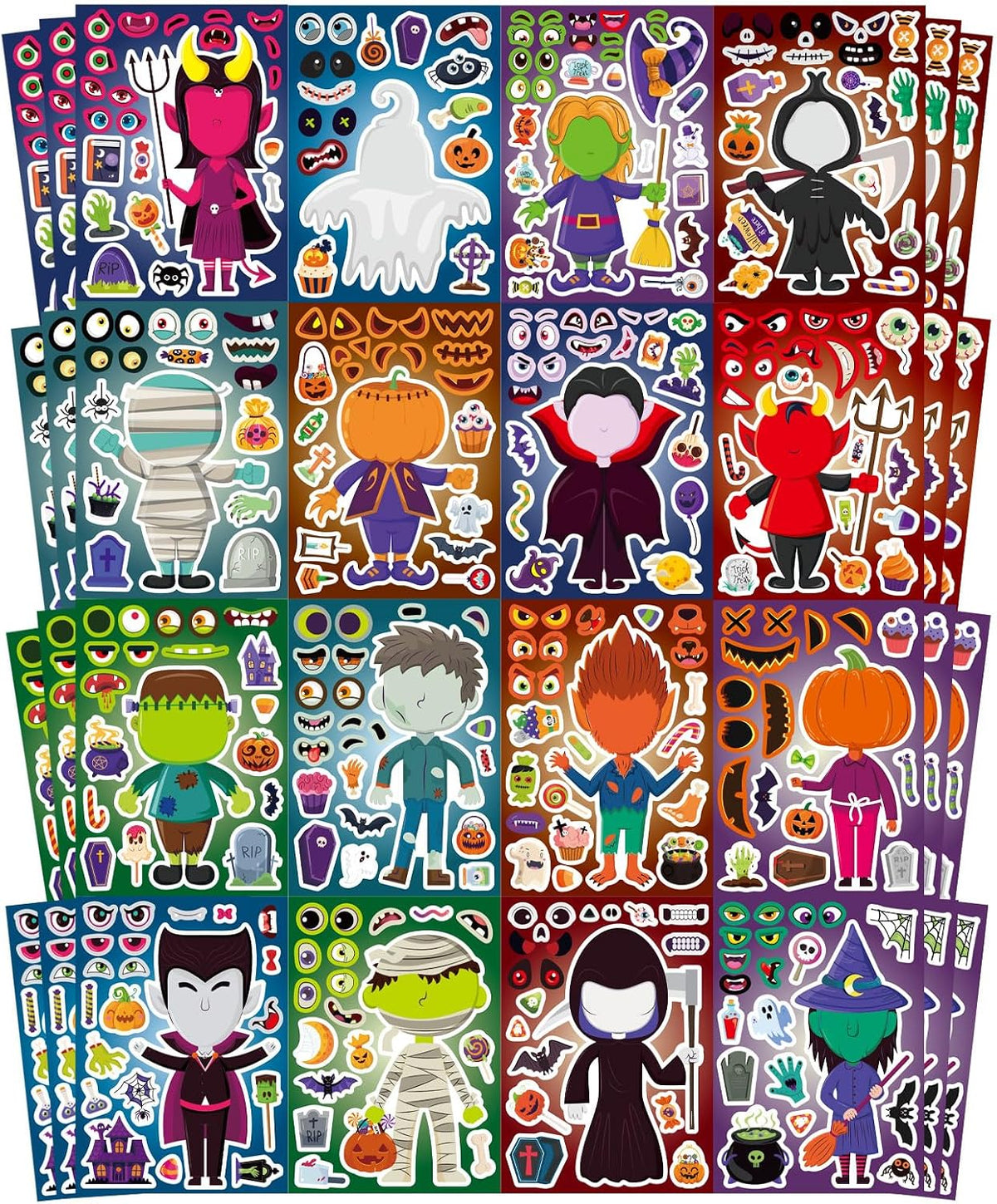 48PCS Halloween Make-a-face Stickers Halloween Characters Stickers - Halloween 16 Design
