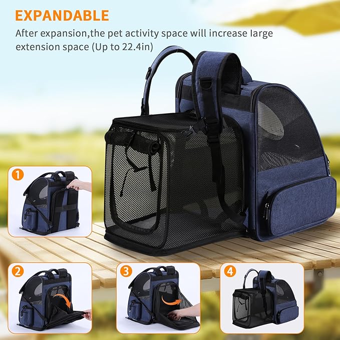 Extension Cat Carrier Backpack with Transparent Bubble Window,Dogs Backpack Carrier with Breathable Mesh Travel Bag, Portable Space Capsule Design with Foldable for Pets (Blue)