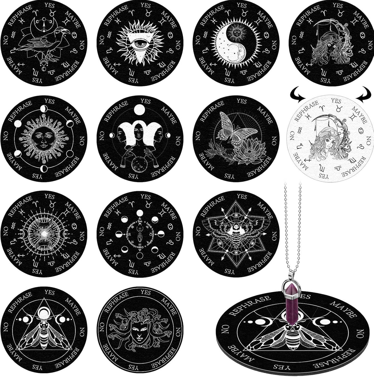 Sureio 13 Pcs Pendulum Boards Double Sided Wooden Star Dowsing Crystal – Fun for Kids & Family