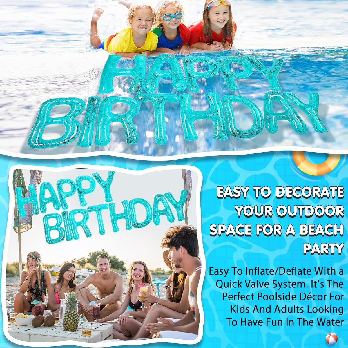 Shappy Happy Birthday Pool Floats Balloon – Fun for Kids & Family - Turquoise / 20'' / Sequins - image 4