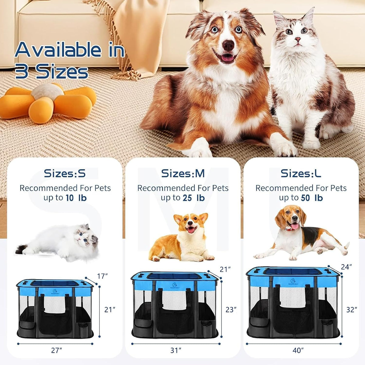 ROMANTIC BEAR Dog Playpen, Foldable Pet Puppy Cat Playpen, L - Blue / Medium(31"x23"x21") - image 2