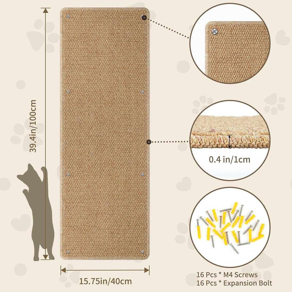 FHTONGE 71x15.8" Thickened Cat Wall Climbing Carpet with 16 Fixed - Deep Camel / 39.4x15.8"(100x40cm) - image 4