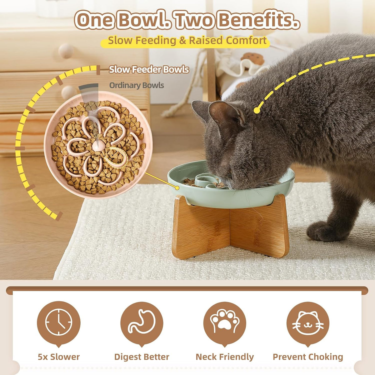 Melamine Cat Slow Feeder Bowl Set - Blue / 1 PACK - with Stand - image 3
