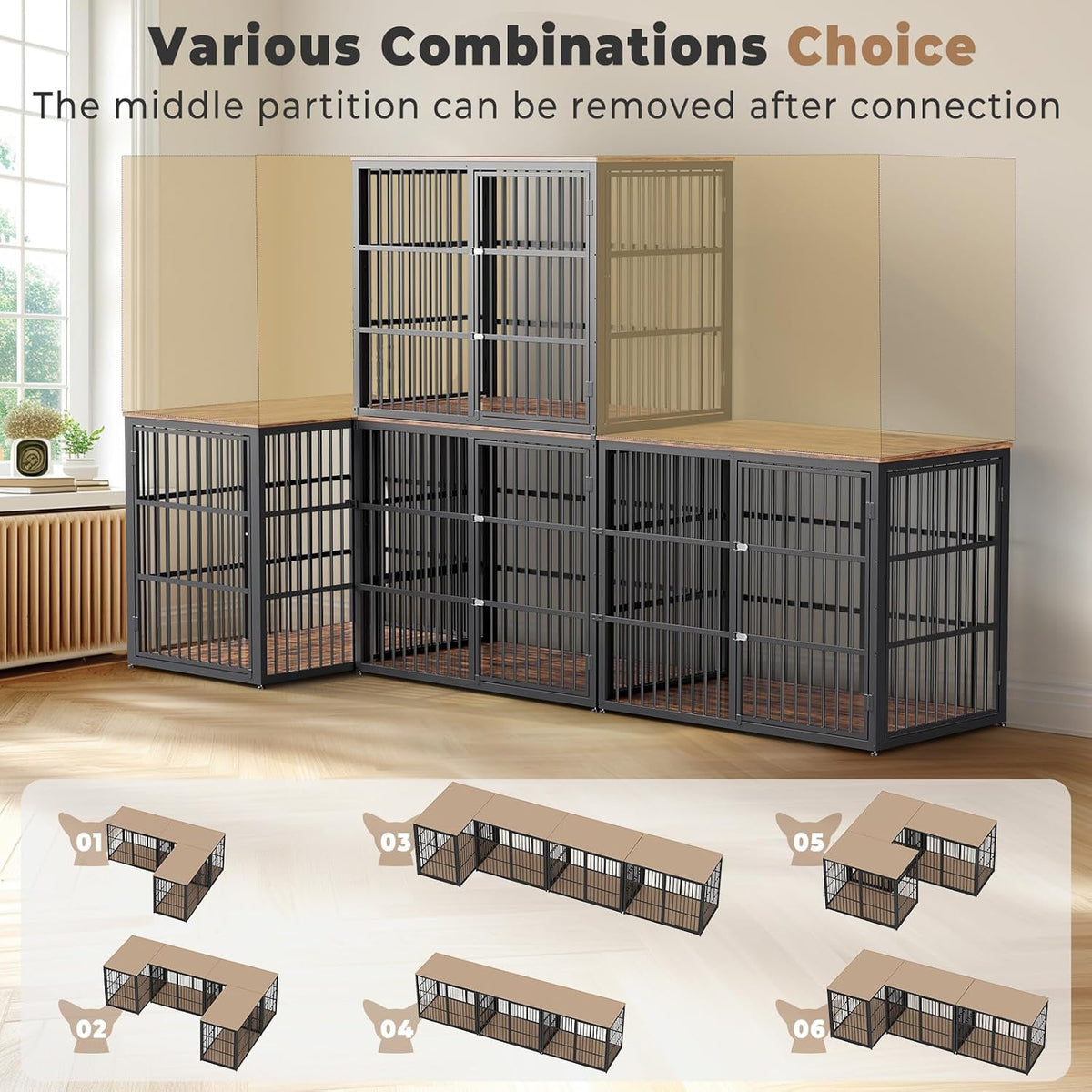 Lyromix 86.62'' Dog Crate Furniture Large Breed TV Stand, Grey – Essentials for Dogs - Retro Brown / 76.4"L x 29.1"W x 37.6"H / Corner Crate - image 2