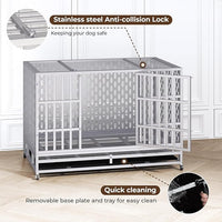 48 Inch Heavy Duty Indestructible Dog Crate Steel Escape Proof, Indoor Double Door High Anxiety Cage, Kennel with Wheels, Removable Tray,Silver,Extra Large XL XXL
