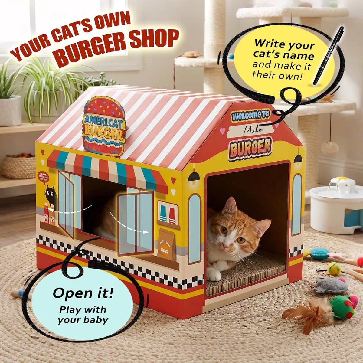 SEKAM Cardboard Cat House with Scratcher/Catnip - hamburger shop - image 2