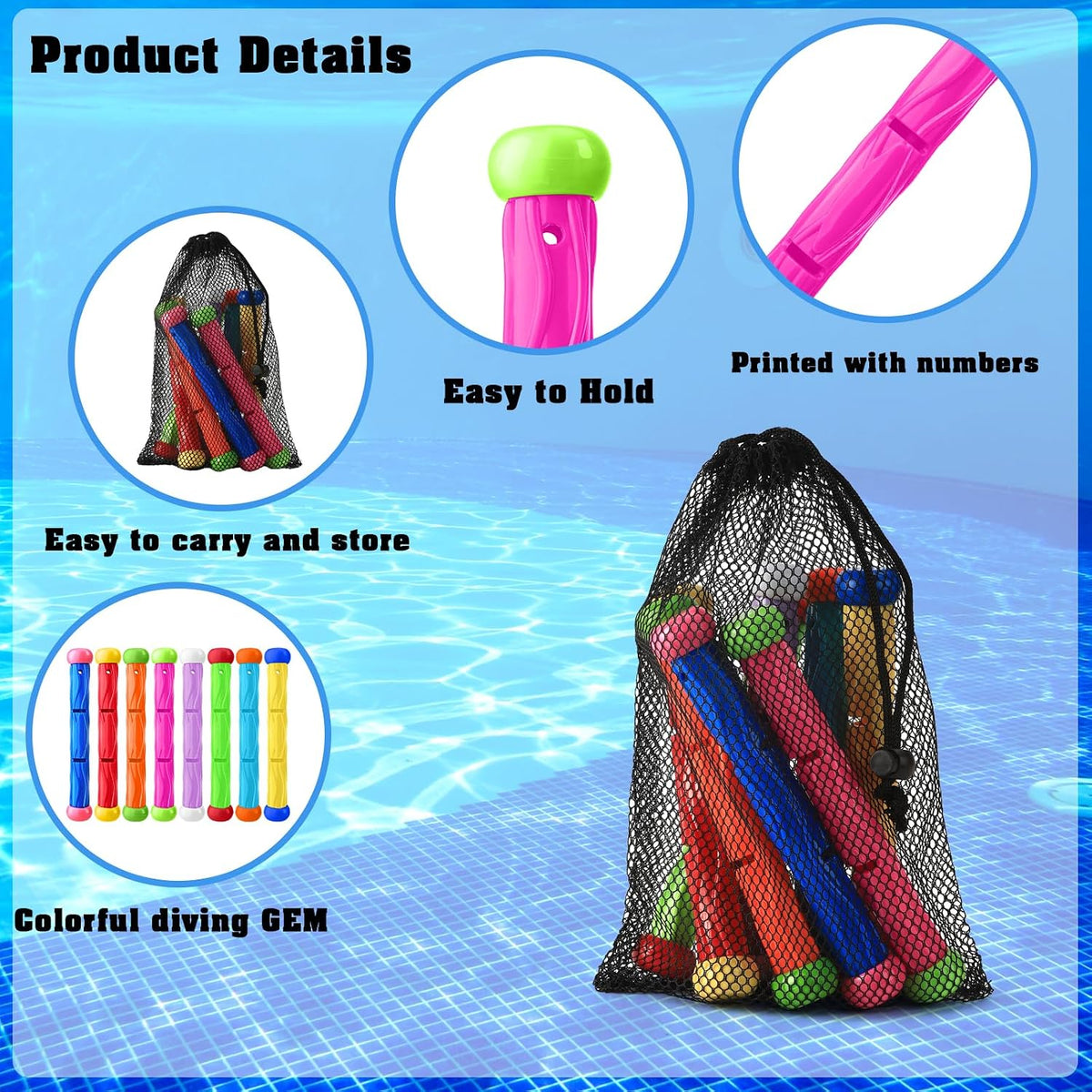 Leislam 16 piece pool diving toys with dive rings, dive sticks, dive gems and storage bag - view 7