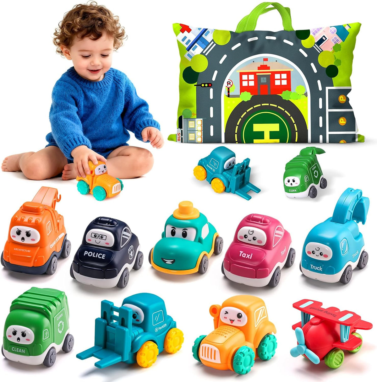 ALASOU Cranes Car Toys for 1 Year Old Boy Gifts with Playmat/Storage - 9 Sets