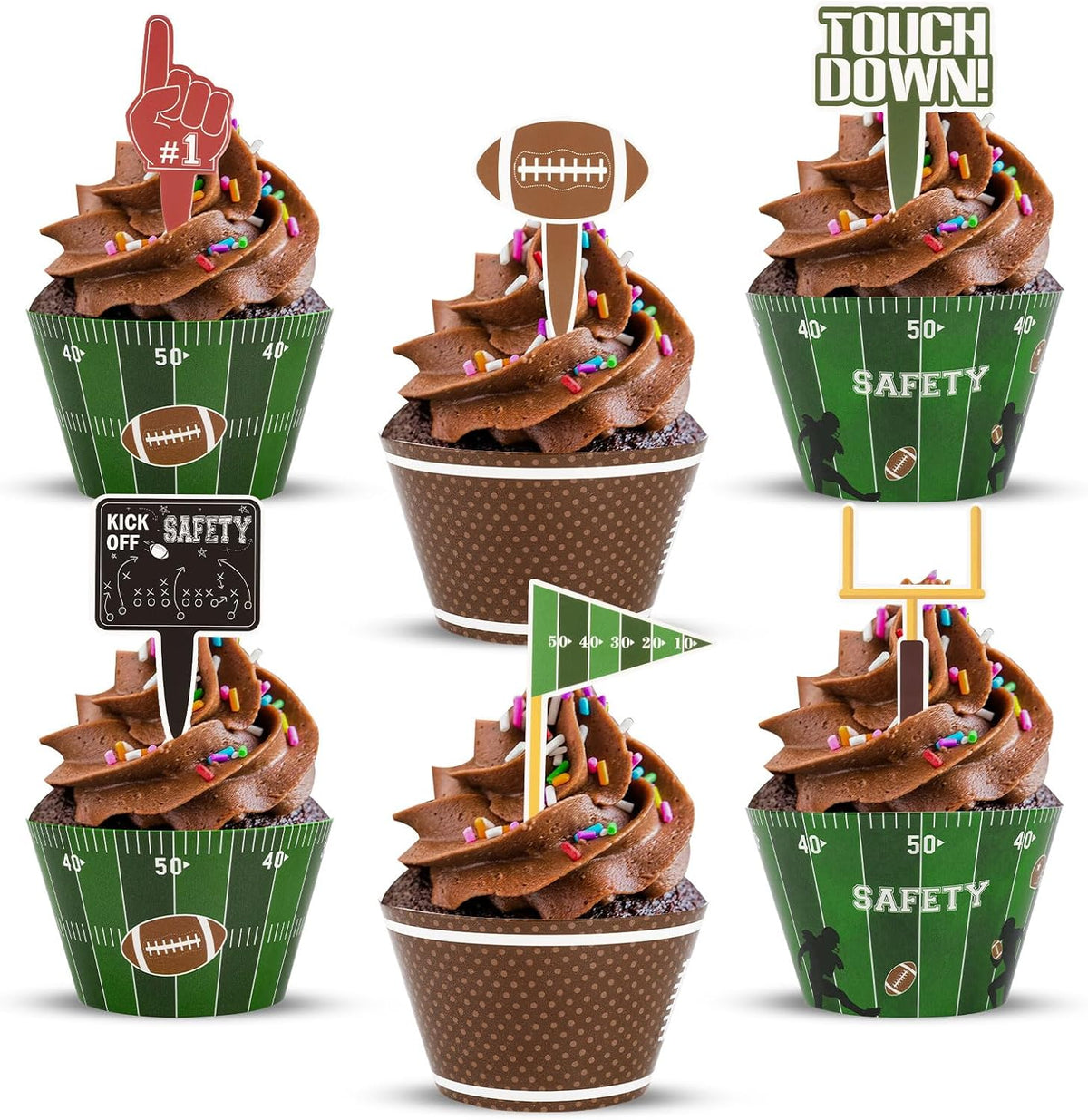 Hxezoc football cupcake toppers and wrappers set with brown and green football designs - view 10