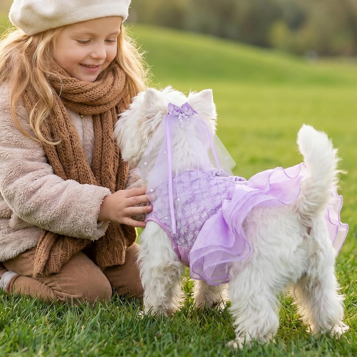 ASENKU Dog Dress, Dog Wedding Dress with Bows, Veil Attachment - Purple / Small - image 2