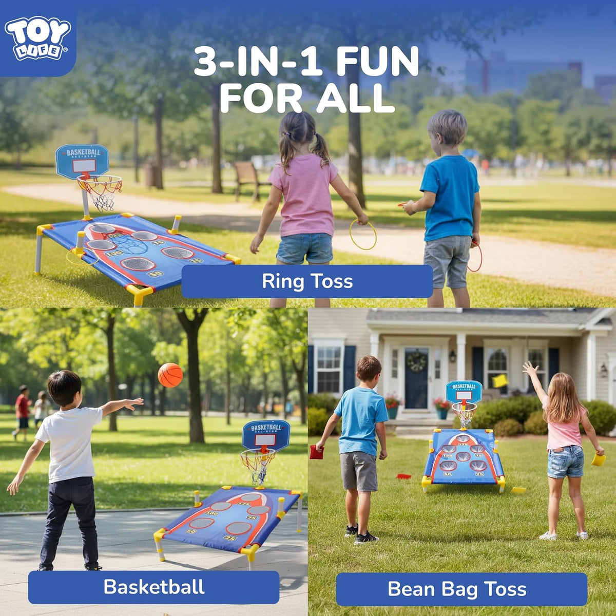 TOY Life Bean Bags Toss Carnival Games, Cornhole - 3-in-1 Game with Basketball Hoop and Ring Toss - image 4