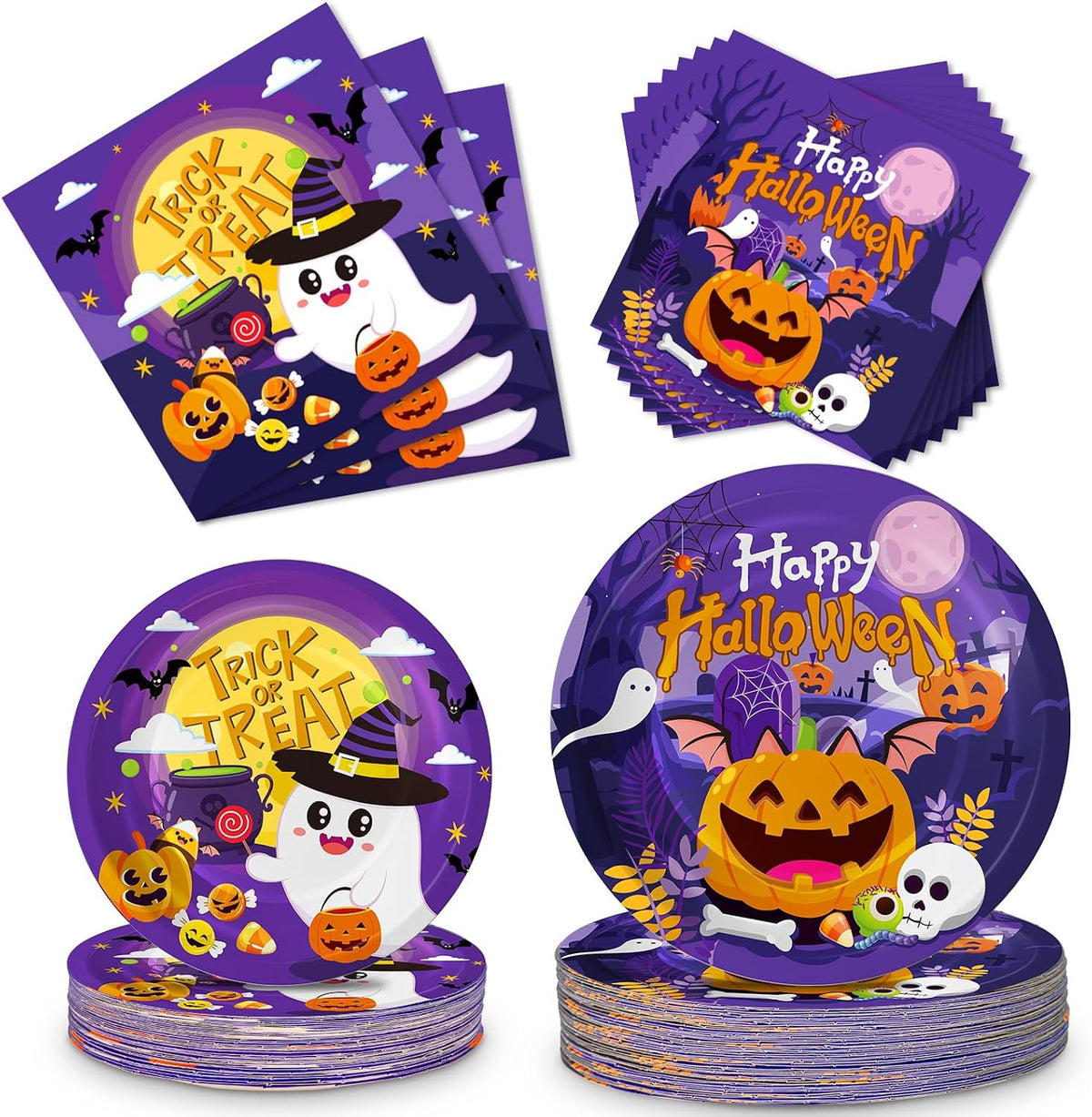 PERFQU 150-piece Halloween plates and napkins set with pumpkin and ghost prints - view 2