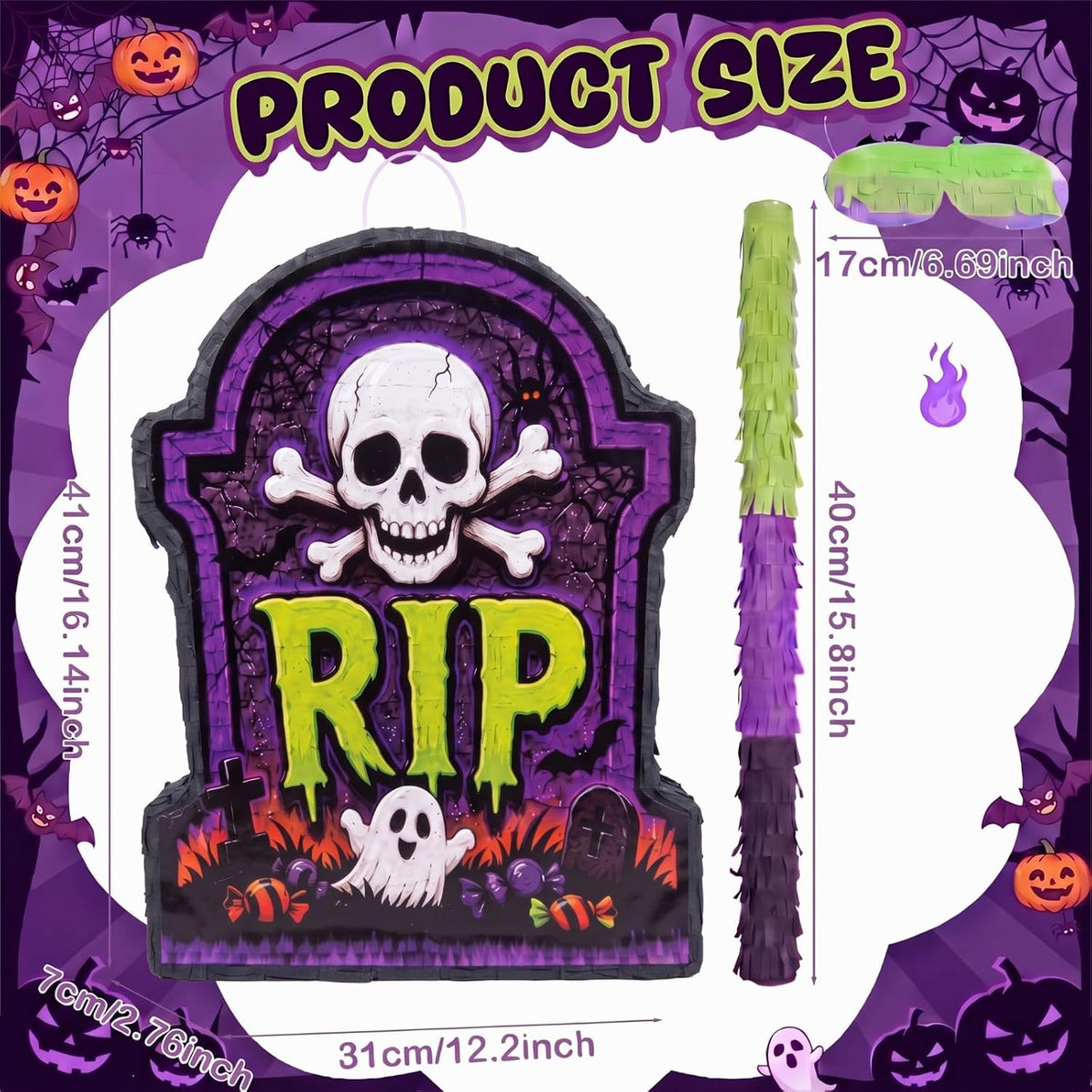 Aoriher Halloween skull piñata with bat stick, blindfold and square confetti - view 15