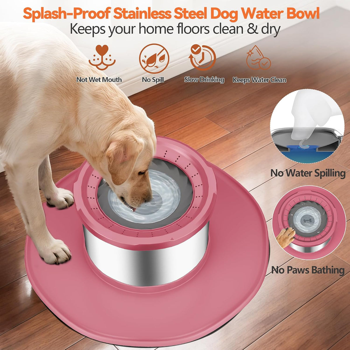 12L No Spill Stainless Steel Dog Water Bowl for Large Dogs – Essentials for Dogs - Pink - image 3