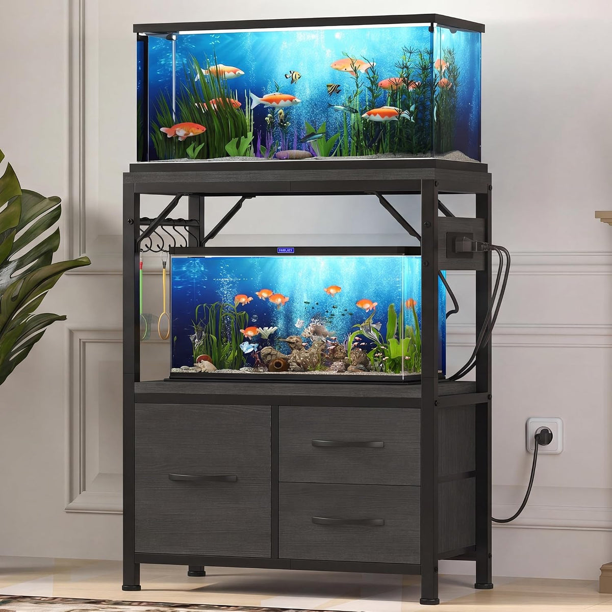Heybly 20-29 Gal Fish Tank Stand with Drawer, Power Outlet - Black / 10-20 gal（(Not Fit for 20-gal long tanks)）