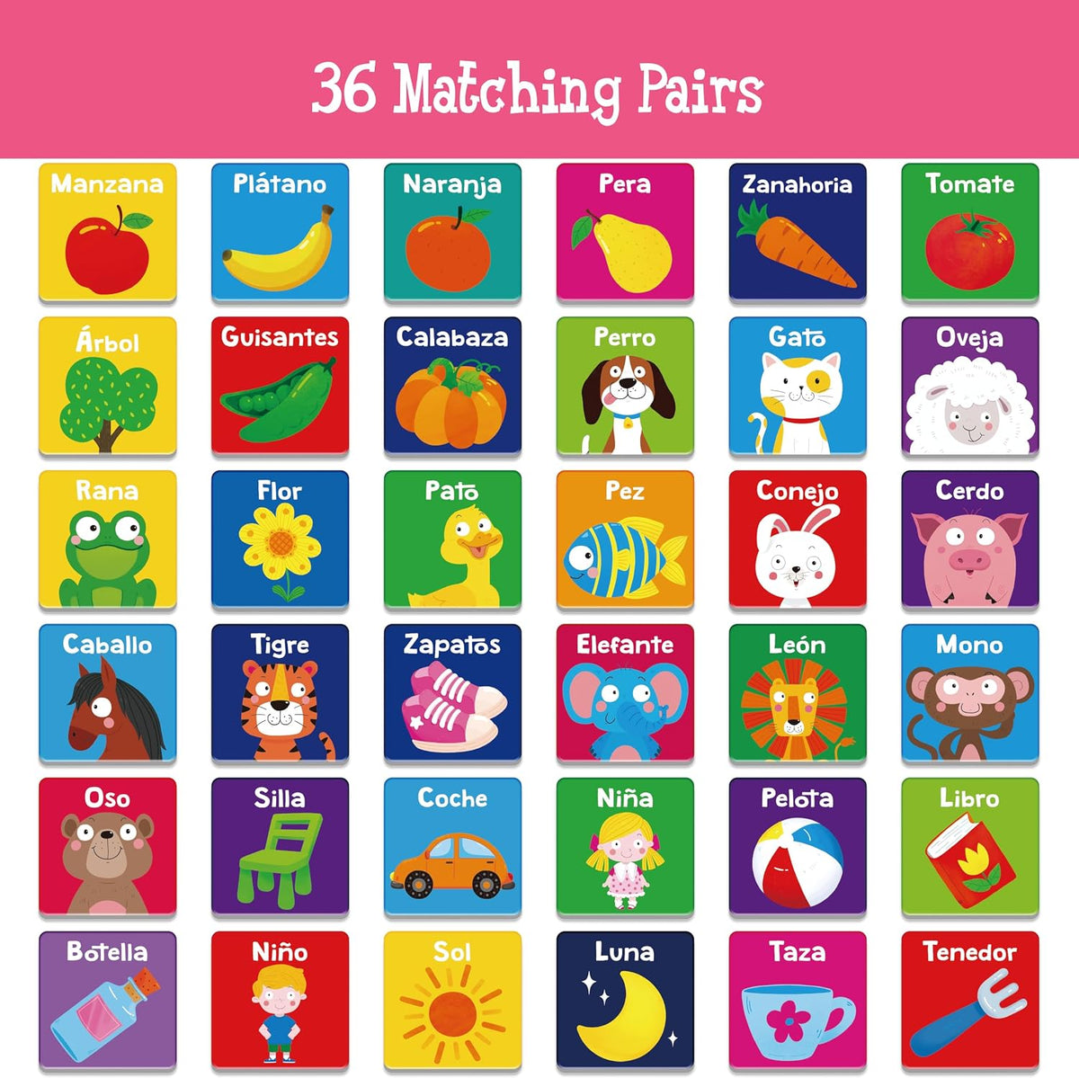 Hebayy 72 PCS Memory Matching Game - Cartoon Animals (Spanish version) - image 4