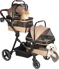 Foldable Double Pet Stroller for 2 Small Medium Cats Dogs – Essentials for Cats - Khaki / Double