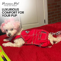 Parisian Pet Denim Overall - Embroidered 'Route 66' Red Jumpsuit - Breathable Costume - Machine Washable Outfit - Overalls for Large Dogs - L
