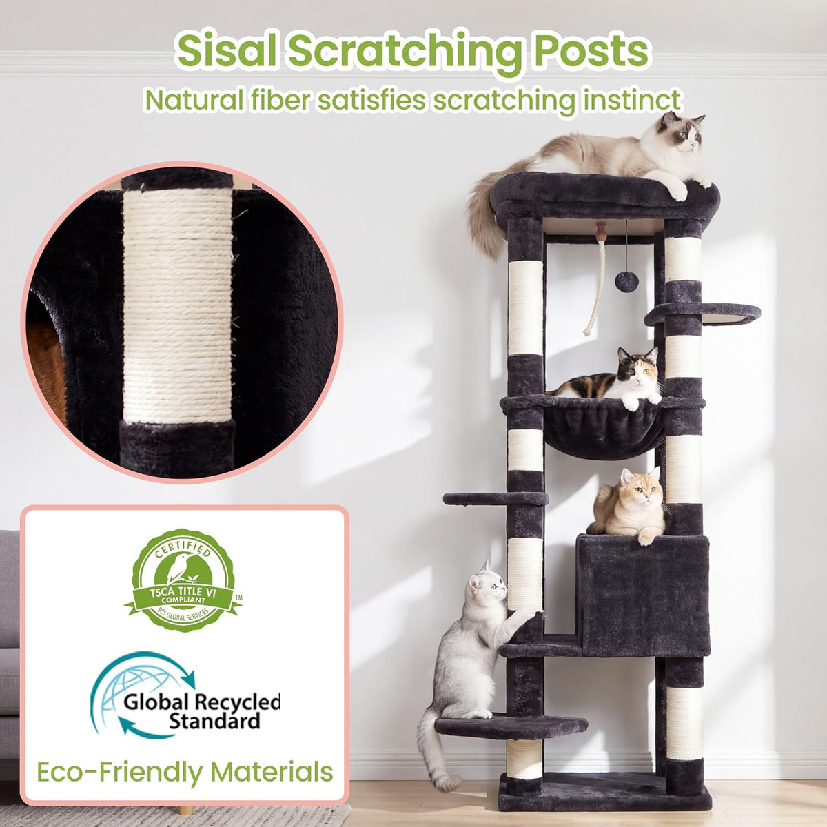 Heybly Cat Tree, 76-Inch Tall Heavy Duty Cat Tower for Big Cats HCT039G – Essentials for Cats - Smoky Gray / 60 inch - image 4